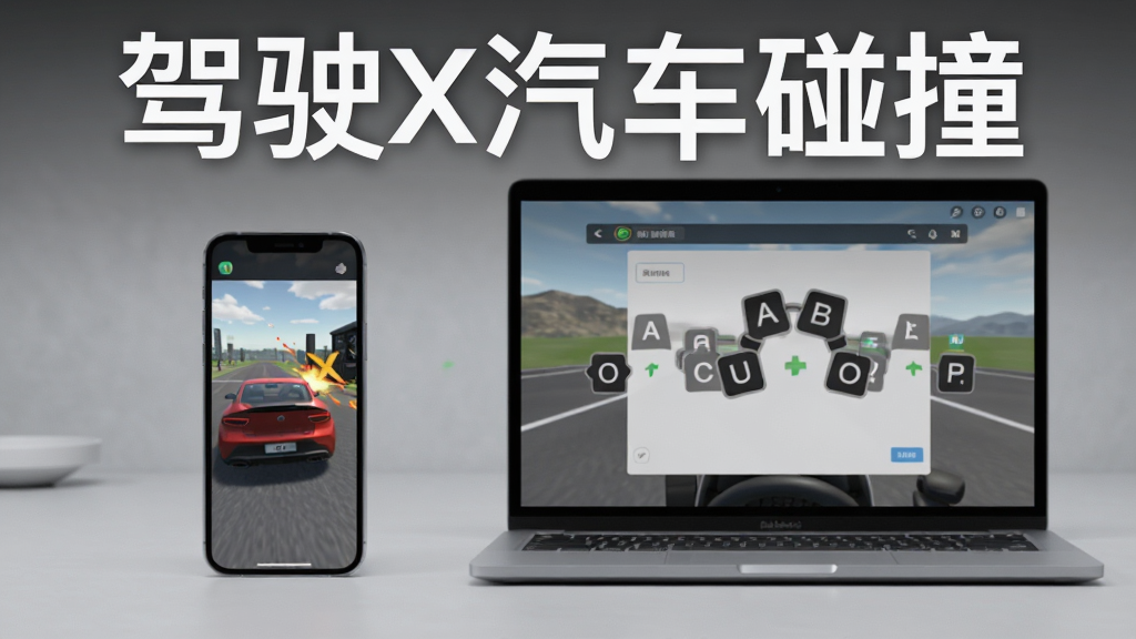 一部手机与一台笔记本电脑并排展示,手机屏幕显示驾驶X汽车碰撞的游戏画面,电脑屏幕显示模拟器按键映射设置界面,画面顶部用白色文字写着