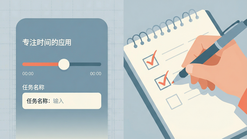画面采用左右分栏构图,左侧为“专注时间”应用的计时设置面板,面板上显示可拖动的时长滑块与任务名称输入框,右侧为一只手持笔在纸质计划表上勾选任务的特写;背景为浅灰蓝色,带细网格纹理;风格为现代扁平插画,配色以雾蓝与奶白为主,点缀少量珊瑚橙;画质干净,细节清晰,无多余元素