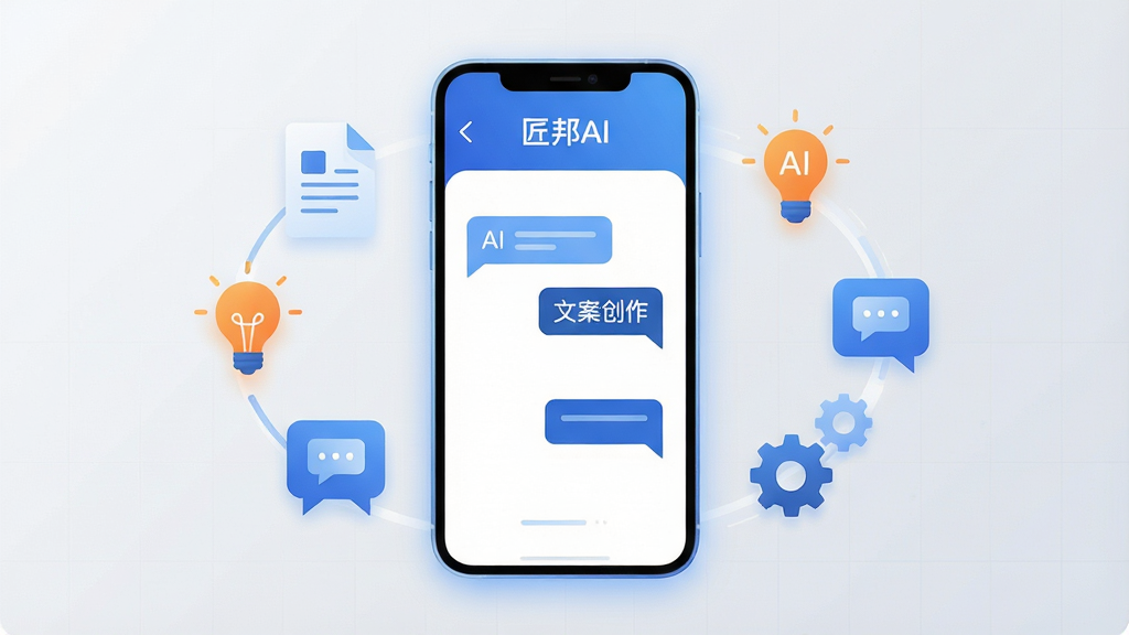画面主体为一款智能手机居中竖立摆放,手机屏幕内展示简洁的AI对话与文案创作界面,界面顶部有“匠邦AI”字样;手机四周环绕漂浮的文档图标、灯泡图标、对话气泡图标与齿轮图标,呈环形布局;整体采用扁平化科技插画风格,配色以蓝白渐变为主,辅以少量橙色点缀;细节上手机边缘有柔和光晕,背景为浅灰色渐变并带有细微网格纹理;画质清晰锐利,画面干净整洁,无多余装饰元素