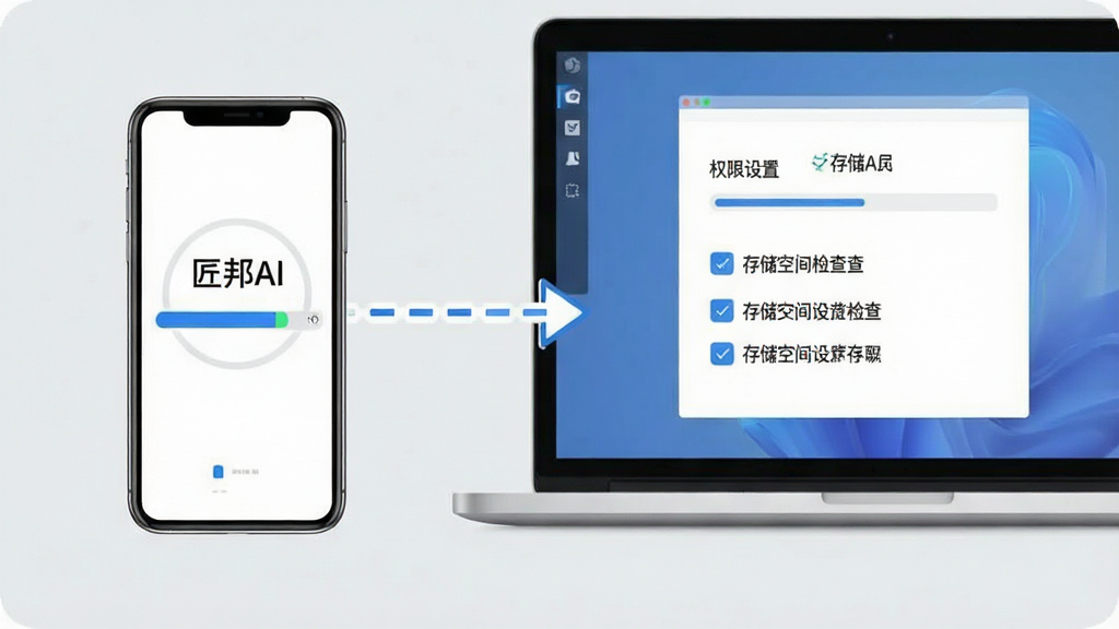 画面主体为一部手机与一台笔记本电脑并排摆放,手机屏幕显示“匠邦AI”安装进度条界面,电脑屏幕显示权限设置与存储空间检查清单;两者之间用虚线箭头连接表示操作流程,构图采用左右对称布局;整体为简洁的信息图示风格,配色以浅灰、蓝色与白色为主;细节上清单项目前有小勾选图标,箭头线条干净利落;画质清晰明快,画面无多余装饰元素