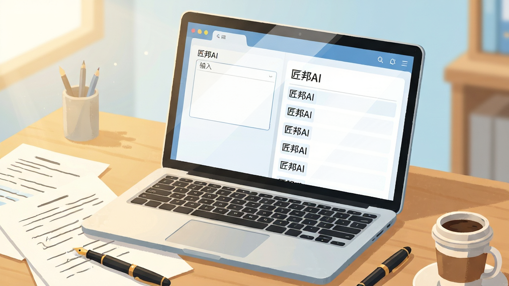 画面中央为一台打开的笔记本电脑,屏幕中显示“匠邦AI”文案生成界面,左侧为输入框,右侧为分段排版的多条文案结果;电脑前方桌面上散落着纸张、钢笔与咖啡杯,构图采用俯视微倾斜视角;整体为温暖明亮的办公场景插画风格,配色以米白、浅蓝与木色为主;细节上屏幕有轻微反光,纸张上有简洁线条文字示意;画质细腻干净,画面元素主次分明,无杂乱装饰