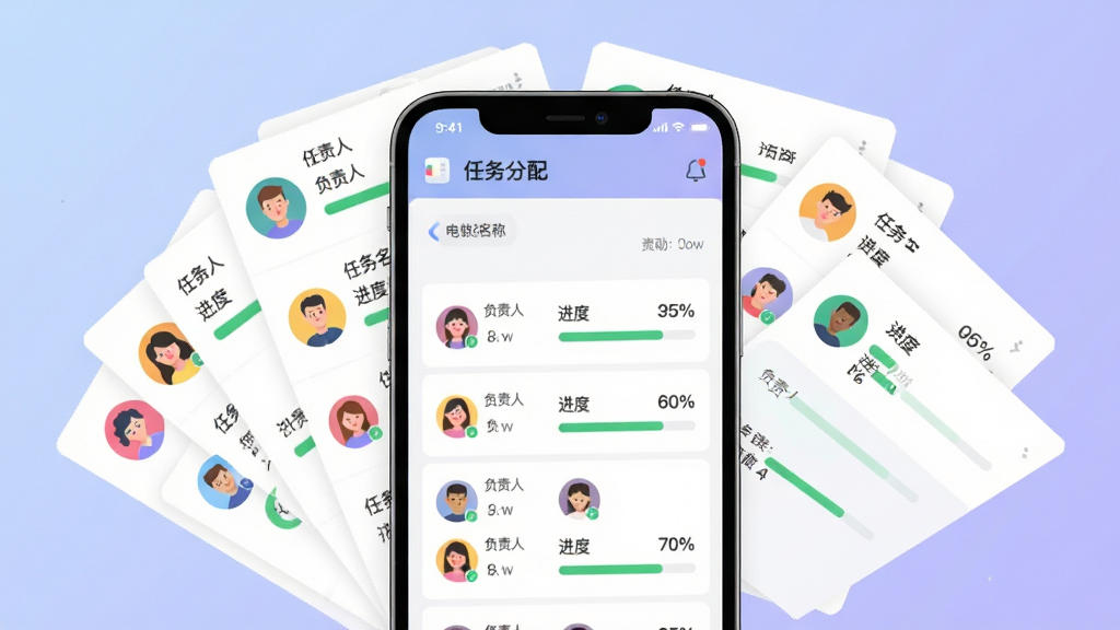 画面主体为一部手机与多张任务卡片组合,手机屏幕显示电销外呼软件的任务分配看板,看板上列有任务名称、负责人头像、进度百分比,卡片以网格形式排列,布局为手机居中、任务卡片在屏幕后方呈扇形展开,风格为团队协作扁平插画风,细节上头像为圆形彩色图标、进度条为绿色填充、背景为浅蓝紫渐变,画质干净清爽无多余元素