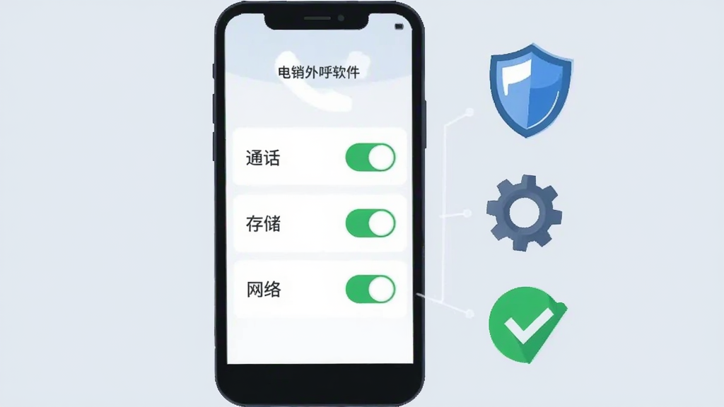 画面主体为一部手机屏幕展示电销外呼软件的权限设置引导页面,页面列出通话、存储、网络三项权限开关,手机旁边漂浮着盾牌、齿轮与对勾图标,布局为手机居中、图标在右侧垂直排列,风格为安全提示扁平插画风,细节上开关为绿色开启状态、盾牌带有高光、背景为浅灰蓝,画质清晰干净无多余元素