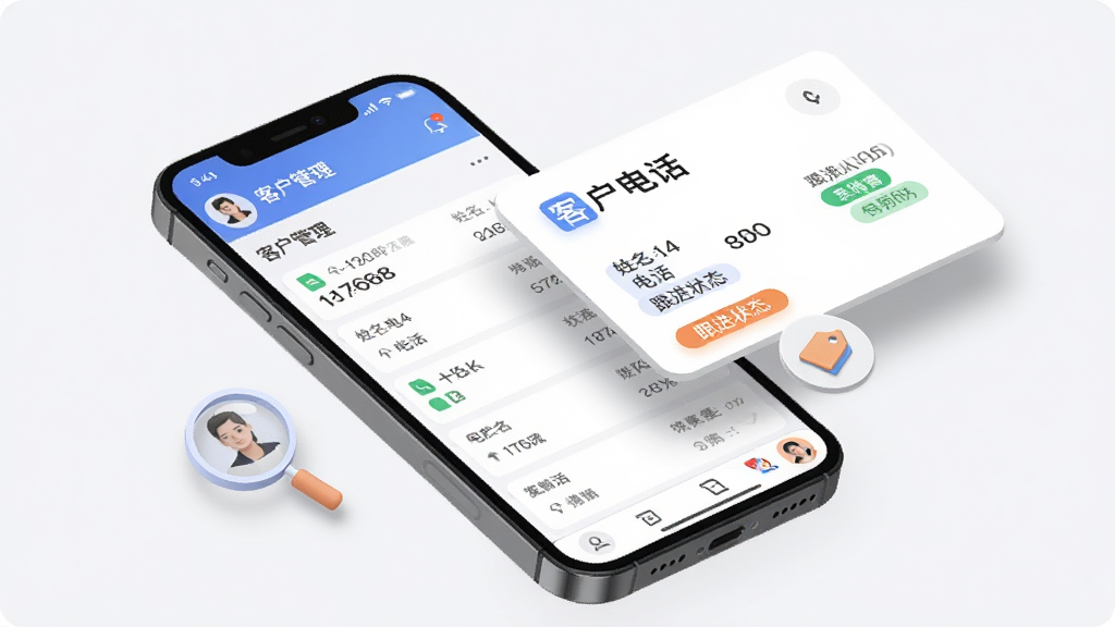 画面主体为一部手机与悬浮的客户资料卡片组合,手机屏幕显示电销外呼软件的客户管理列表,卡片上标注姓名、电话、跟进状态等字段,旁边有放大镜与标签图标,布局为手机左倾、卡片右上方漂浮,风格为轻拟物商务风,细节上卡片带有柔和阴影、标签使用彩色圆角矩形、背景为浅灰白,画质细腻干净无多余元素