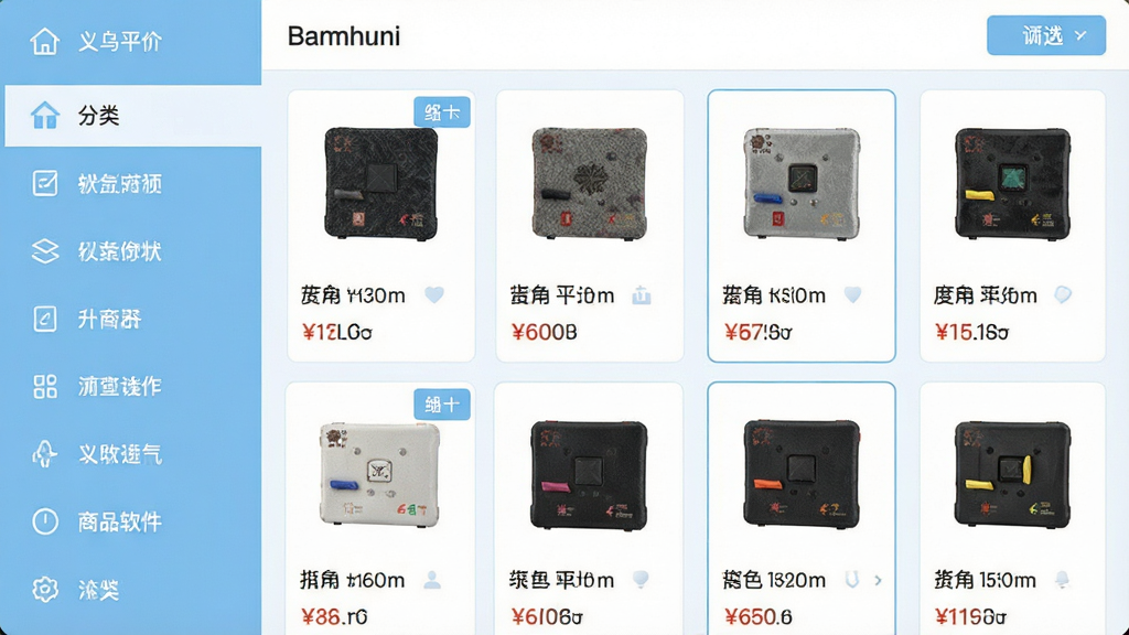 义乌平价小商品批发软件分类浏览界面,画面左侧为纵向分类导航栏,右侧为商品网格卡片,卡片上显示商品缩略图与价格标签,整体采用浅蓝与白色配色,风格简洁商务,细节包含分类图标和筛选按钮,画质清晰干净,无多余元素