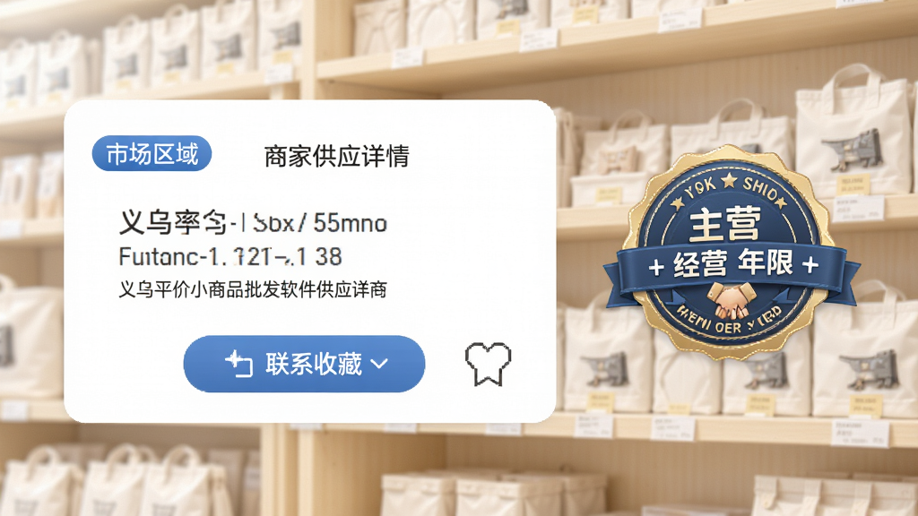 义乌平价小商品批发软件供应商详情页,画面展示商家名片式信息卡,包含市场区域标签、主营品类文字和经营年限徽章,背景为浅色货架虚化,风格清新浅色,细节包含联系按钮和收藏图标,画质清晰干净,无多余元素