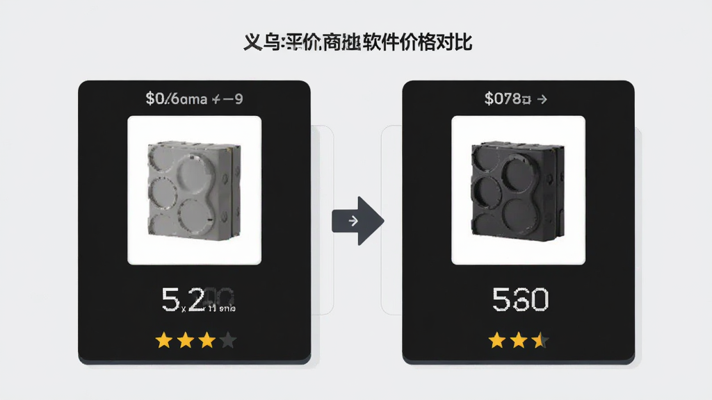 义乌平价小商品批发软件价格对比页面,画面中央为两款同类商品的价格对比卡片,左侧卡片标价较低右侧较高,中间有对比箭头,背景为淡灰色,风格简约商务,细节包含起批量数字和商家评分星标,画质清晰干净,无多余元素