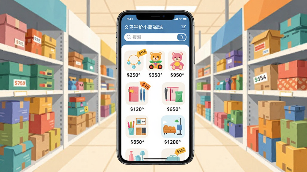手机屏幕展示义乌平价小商品批发软件首页,画面中央是整齐排列的小商品分类图标,包括饰品、玩具、文具、家居用品,背景为明亮的批发市场走廊,两侧货架堆满彩色商品纸箱,风格为清爽扁平化UI插画,细节包含价格标签和搜索框,画质清晰干净,无多余元素