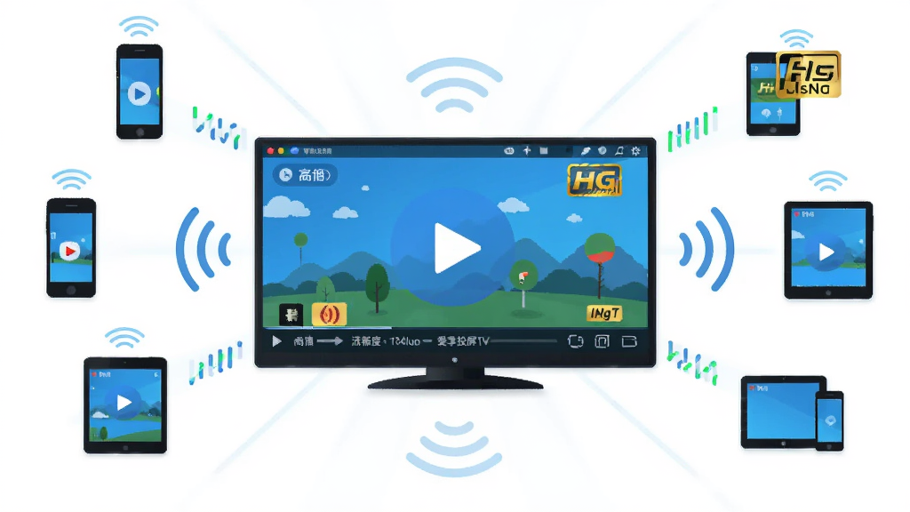 主体为爱享投屏TV软件界面截图风格插画,布局为中央大屏显示高清视频画面、四周环绕手机平板电脑等设备图标,排版采用放射状构图,风格为科技感扁平化设计,细节包含信号波纹连接线、高清标识、流畅度指示条,画质为矢量高清、干净无多余元素