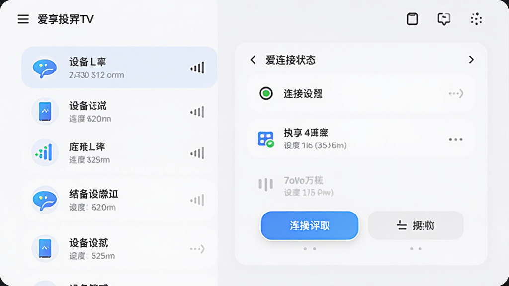 主体为爱享投屏TV设备管理界面,布局为左侧设备列表、右侧连接状态面板,排版采用分栏式布局,风格为清爽浅色UI风格,细节包含已连接设备图标、信号强度标识、操作按钮高亮显示,画质为高清界面渲染、干净整洁、无多余元素