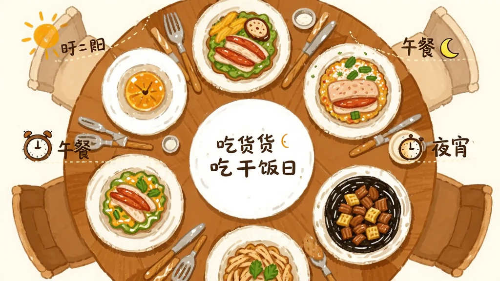 ��������Ϊһ��Բ�β�������ͼ�����ϰڷ���͡���͡�ҹ�����鲻ͬ��ʳ�����ж�Ӧʱ�α�ǩ������Ϊ���ηֲ����������ף����Ϊ�����ֻ���ʳ�廭��ϸ�ڰ���̫����������ʱ��Сͼ�꣬���ʸɾ������޶���Ԫ�أ�ͼƬ�д����֡��Ի��ɷ��ճ���