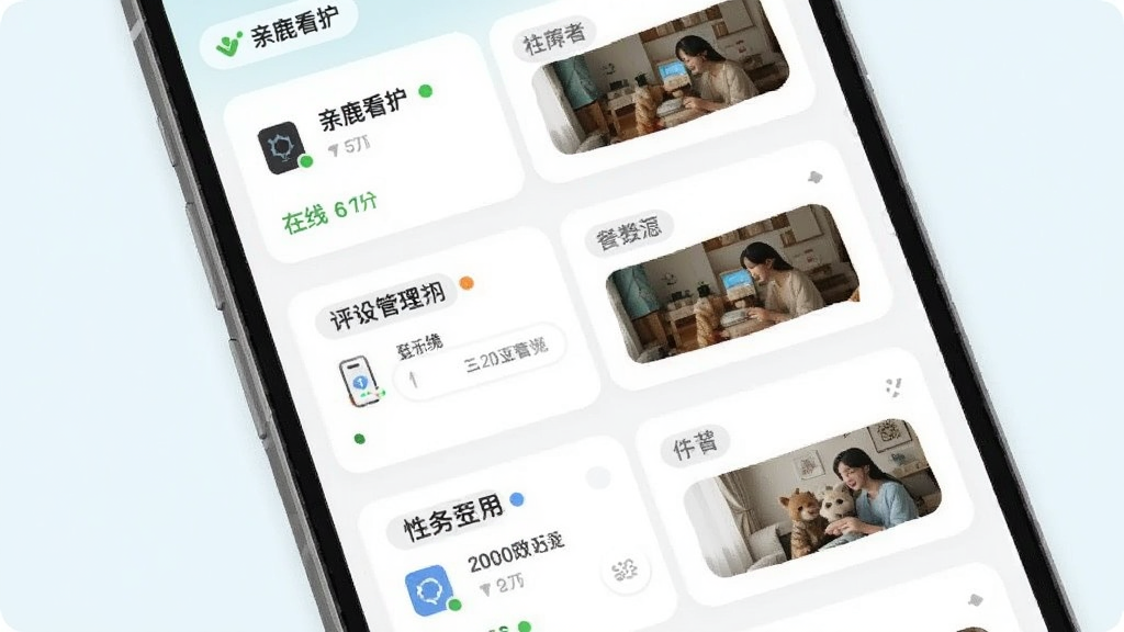 画面主体是一个手机界面中的多设备管理列表,列表中排列着多个设备卡片,每个卡片显示设备名称、在线状态与画面缩略图,布局为纵向列表式排版,风格为清新浅色的移动端 UI 插画,细节包括状态圆点、设备图标与分组标签,画质干净清晰、无多余元素,画面中可加入文字“亲鹿看护”