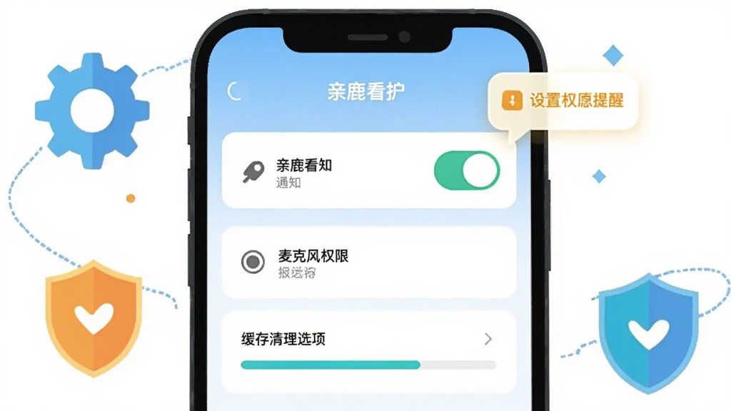 画面主体是一部手机显示亲鹿看护的权限设置与消息提醒界面,界面中包含通知开关、麦克风权限与缓存清理选项,布局为手机居中、周围环绕齿轮与盾牌图标,风格为简洁的扁平化插画,细节包括权限开关滑块、提示气泡与清理进度条,画质干净清晰、无多余元素,画面中可加入文字“亲鹿看护”
