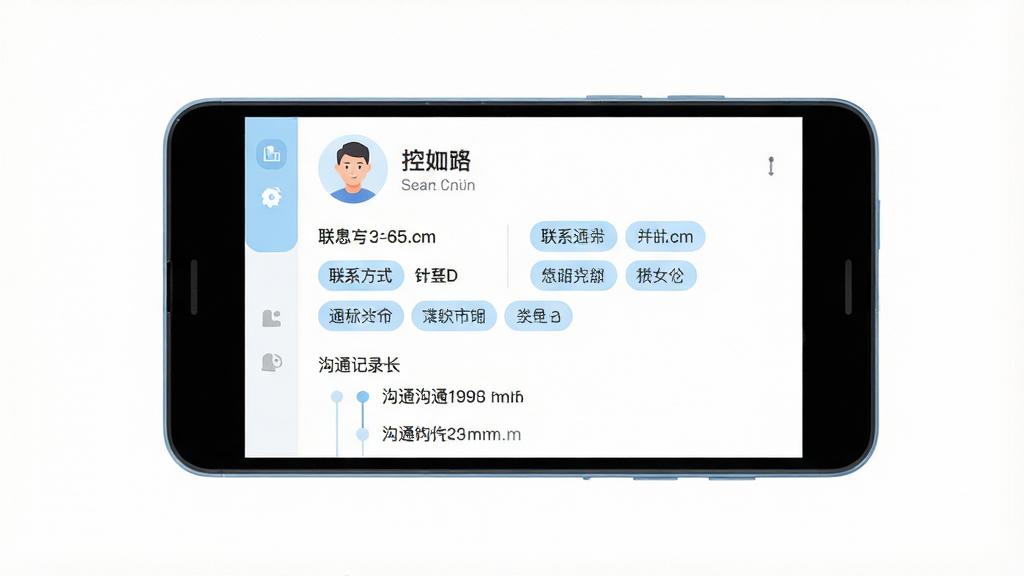 一张展示手机应用中客户档案卡片详情页的示意图,画面主体是一部横放的安卓手机,屏幕显示客户信息详情页面,页面上方是客户头像与姓名,中部是联系方式和标签分组,下方是时间轴式的沟通记录列表,布局为手机居中、四周留白,风格为清新简洁的商务插画风,细节上标签使用浅蓝色圆角块、时间轴用细线连接、背景为纯白,画质为高清、干净、无多余元素