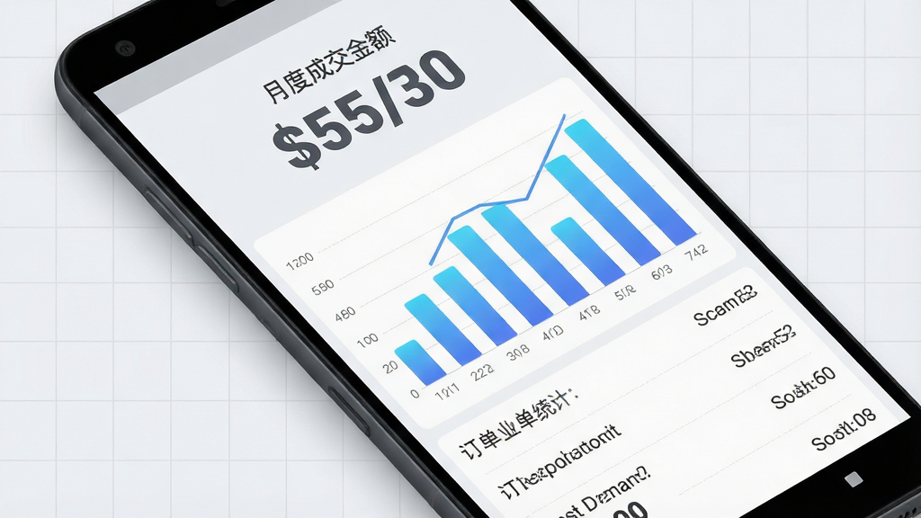 一张展示手机应用中订单业绩统计页面的示意图,画面主体是一部斜放的安卓手机,屏幕显示柱状图与订单列表组合的业绩页面,页面上方是月度成交金额数字,中部是柱状趋势图,下方是订单明细条目,布局为手机居中、背后有浅色网格背景,风格为现代数据可视化风格,细节上柱状图为蓝色渐变、数字使用深灰色粗体、背景为浅灰,画质为高清、干净、无多余元素