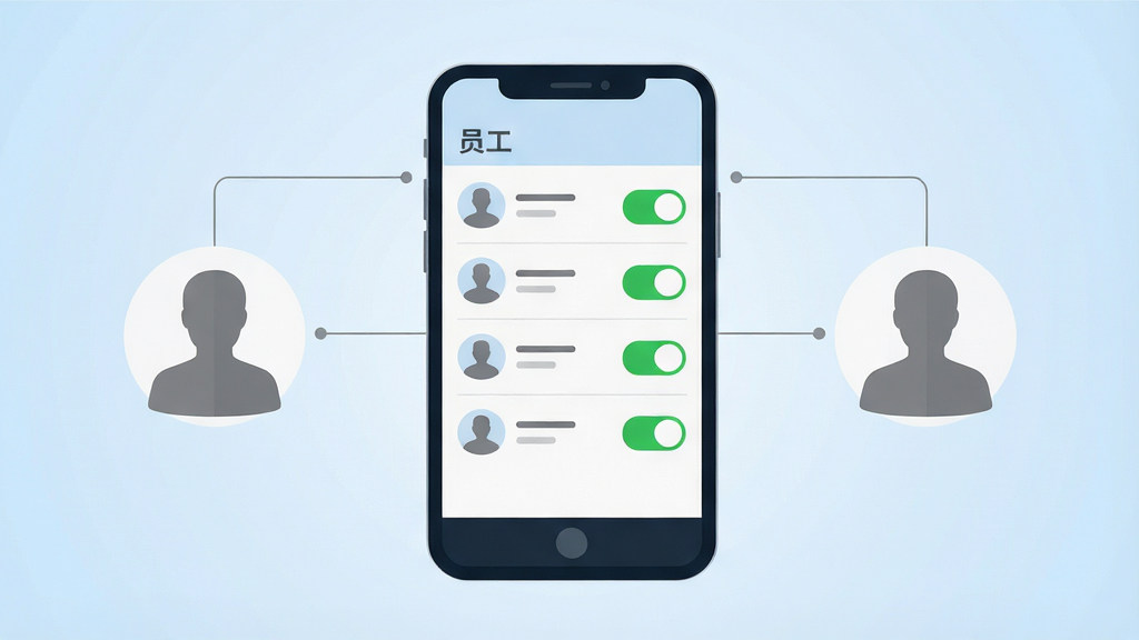 一张表现团队协作与权限管理概念的示意图,画面主体是一部手机与两个抽象人物图标组合,手机屏幕显示员工列表与权限开关界面,人物图标分别位于手机两侧并用细线连接,布局为居中对称构图,风格为简约商务插画,细节上权限开关为绿色圆点、人物图标为灰色剪影、背景为浅蓝渐变,画质为高清、干净、无多余元素