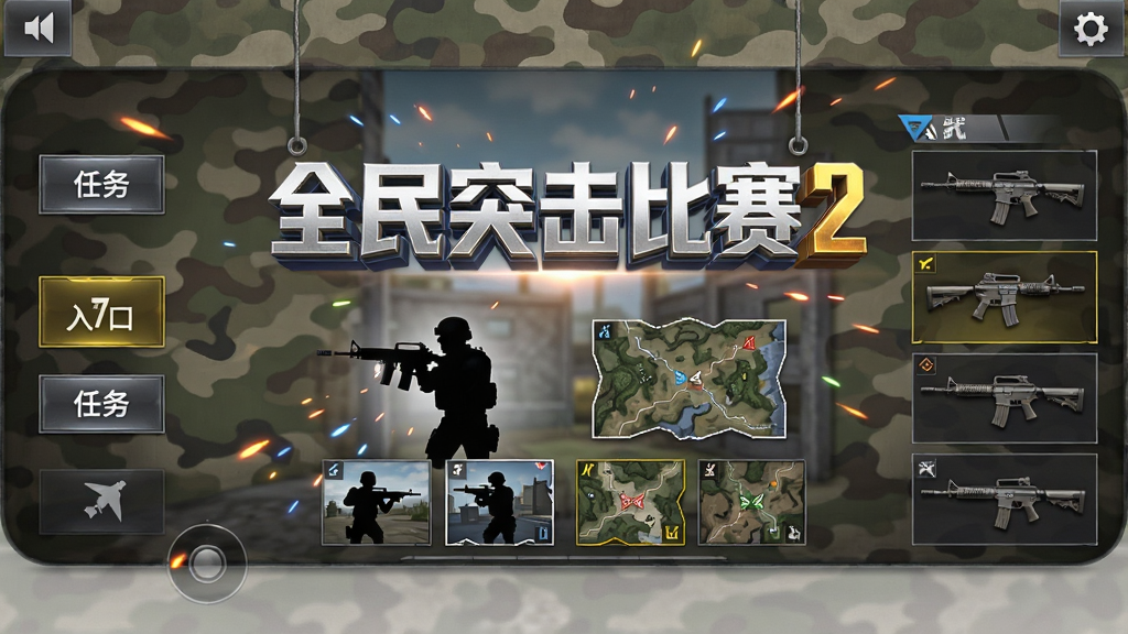 画面主体为一款移动端射击游戏的主界面全景,布局上采用中心对称构图,正中央悬浮着