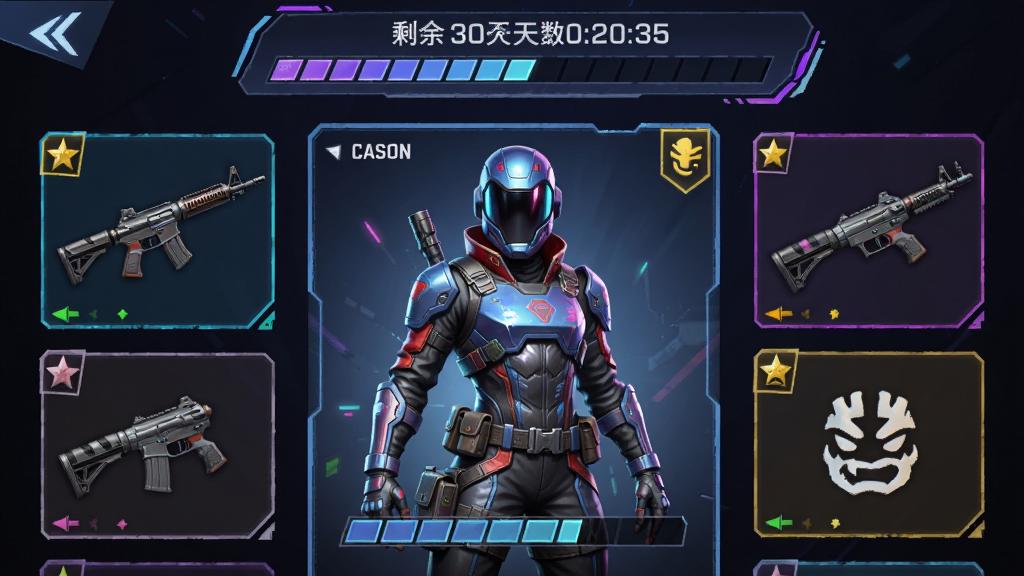 画面主体为射击游戏赛季手册奖励页面的展示图,布局上采用纵向滚动式排列,中央为当前赛季主题角色皮肤立绘,两侧分布着武器涂装与表情动作图标,排版上顶部为赛季剩余天数倒计时条,风格为电竞潮流视觉风,细节包括霓虹光边、进度条填充质感、奖励稀有度色块,画质为高清UI渲染、画面干净、无多余元素