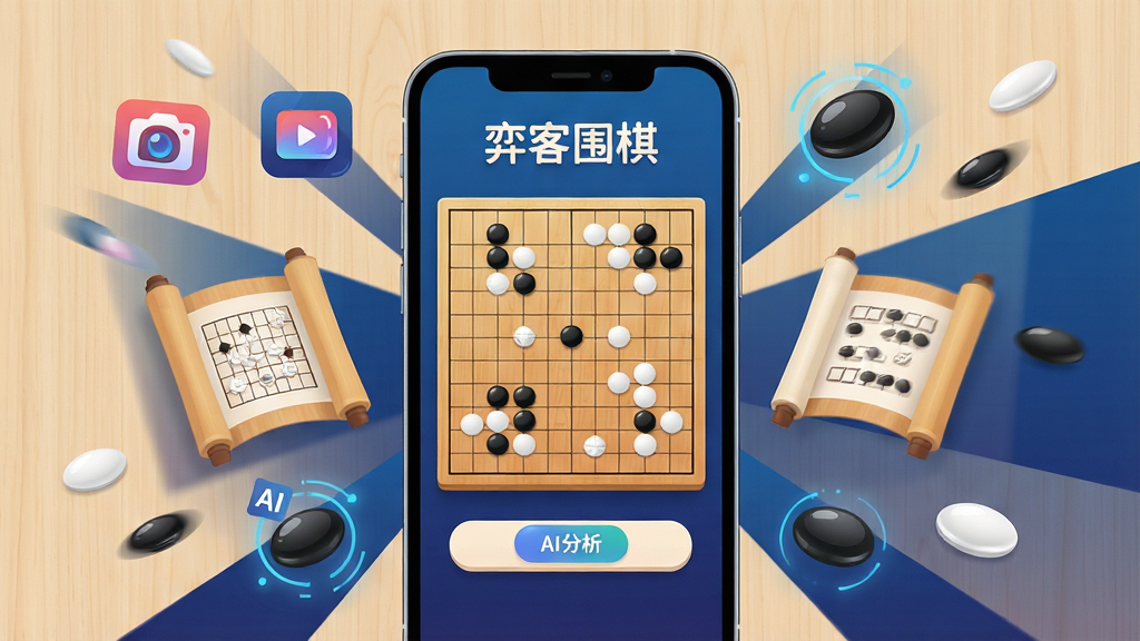 画面主体为一台竖屏智能手机,屏幕中央显示围棋棋盘与黑白棋子对弈界面,棋盘上方有“弈客围棋”四个中文字,手机周围环绕着直播镜头图标、棋谱卷轴、AI分析光效与棋子元素,布局采用中心对称构图,手机居中放置,元素向四周发散,排版干净利落,风格为现代科技感与棋文化融合的扁平插画,细节上棋子有光泽感、界面按钮圆润、背景为浅木色与深蓝渐变,画质高清、画面干净、无多余元素