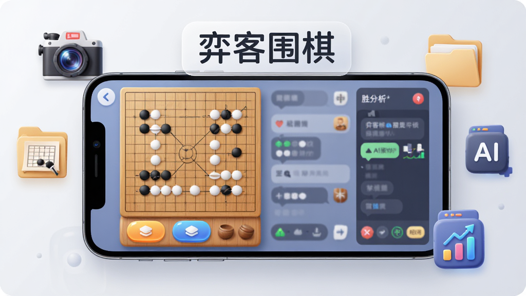画面主体为一部横屏手机,屏幕中展示围棋对弈大厅界面,左侧为棋盘与落子按钮,右侧为聊天与胜率面板,手机上方漂浮“弈客围棋”文字标识,周围环绕直播摄像机、棋谱文件夹、AI分析图表等图标,布局为横向展开式构图,风格为清爽明亮的UI展示插画,细节上界面按钮有圆角高光、图标线条简洁、背景为浅灰渐变,画质高清、画面干净、无多余元素