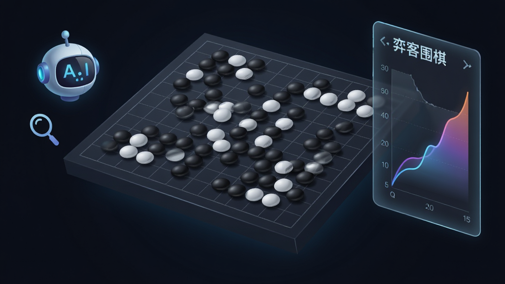 画面主体为一块悬浮的虚拟棋盘,棋盘上黑白棋子排列成中盘局面,棋盘右侧竖立一块半透明数据面板,面板上显示胜率曲线与“弈客围棋”字样,左侧漂浮AI机器人头像与放大镜图标,布局为左中右三分构图,棋盘占画面主体,风格为深色科技风数字插画,细节上胜率曲线有渐变光效、棋子有立体阴影、面板边框纤细发光,画质高清、画面干净、无多余元素