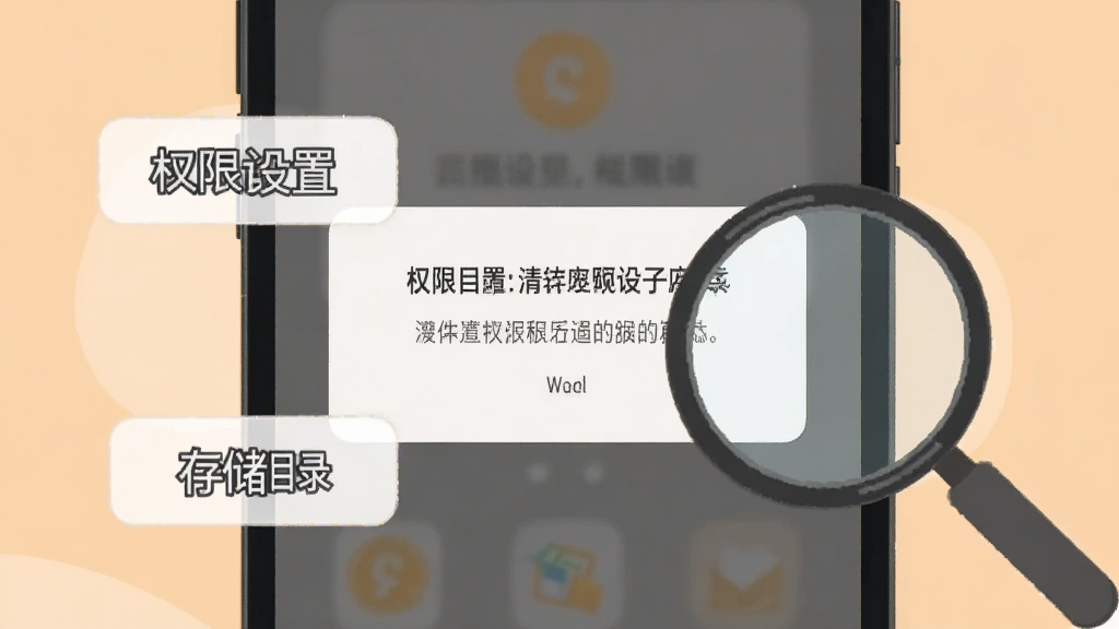 画面展示一部手机屏幕出现错误提示弹窗,旁边有放大镜图标指向“权限设置”与“存储目录”两个文字标签,背景为浅橙色,风格扁平插画,画质干净清晰