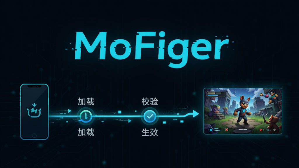 画面中央为“MoFiger”文字标识,下方展示一条从手机到游戏画面的数据流示意线,线条上标注“加载”“校验”“生效”三个节点,整体采用深色背景配青蓝色光效,风格简约科技感,画质干净