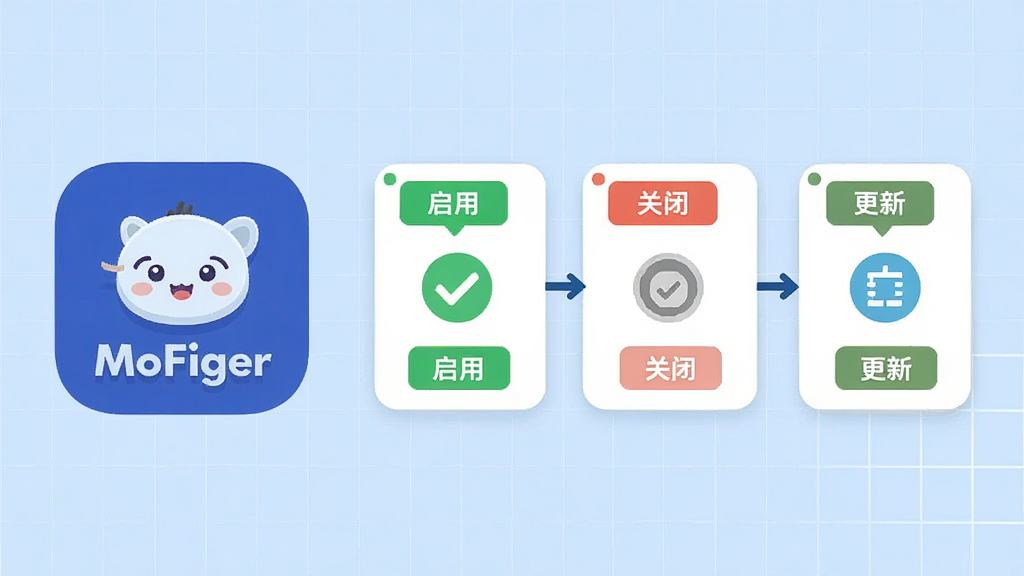 画面左侧为“MoFiger”应用图标,右侧展示三个并排的模组卡片,卡片上分别标注“启用”“关闭”“更新”状态标签,中间用箭头连接表示切换流程,背景为淡蓝色网格,风格清爽扁平,画质清晰干净