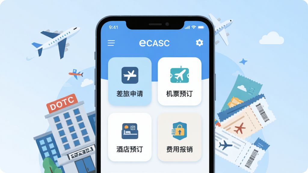 主体为一部竖屏安卓手机,屏幕中央展示eCASC应用主界面,界面包含差旅申请、机票预订、酒店预订、费用报销四个功能入口图标,手机周围环绕飞机、酒店建筑、票据等扁平化小元素,布局为居中构图手机占屏幕三分之二,背景为浅蓝色渐变,风格为现代商务扁平插画风,细节包含界面卡片圆角设计、图标线条简洁、整体色调清爽,画质高清干净无多余元素