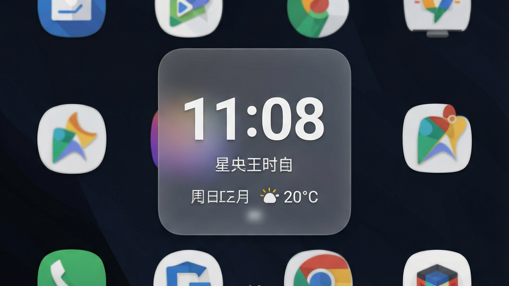 画面展示一部安卓手机主屏幕,布局为桌面中央放置一个静夜时钟的方形小组件显示数字时间与日期,排版为组件居中、周围环绕常用应用图标,风格为现代扁平化桌面美学,细节包含小组件带有半透明磨砂背景、时间数字为白色粗体、下方小字显示星期与温度、整体色调为深色壁纸搭配浅色组件,画质高清干净无多余元素