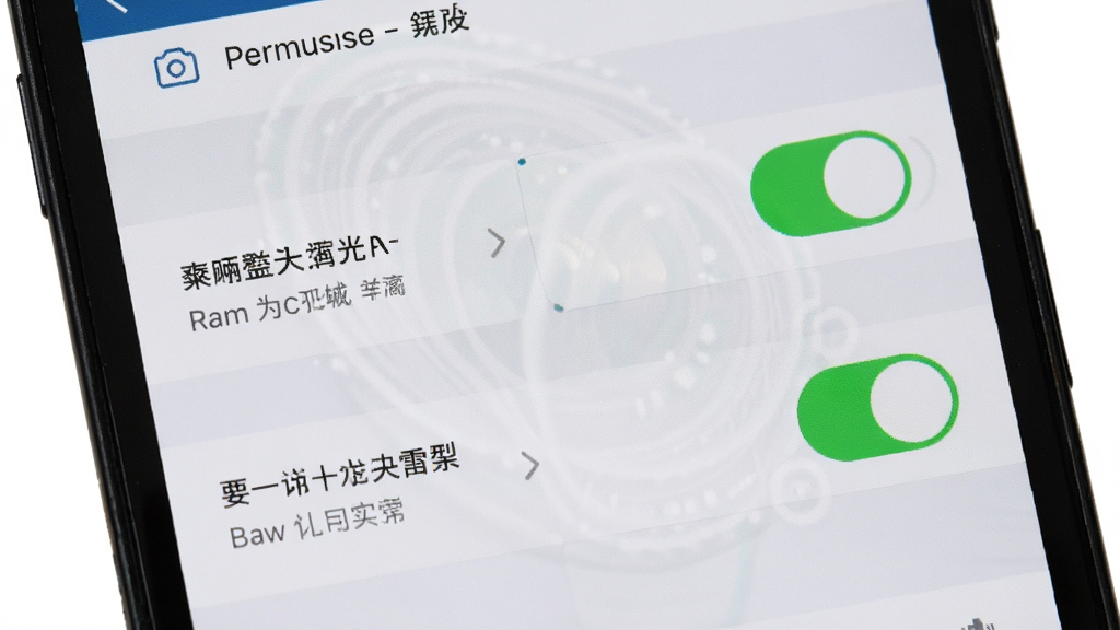 手机屏幕展示水印相机应用的权限设置页面,画面中有相机和定位权限开关处于开启状态,布局为设置界面特写居中,风格为清晰的操作指引图,细节包括权限开关高亮显示界面文字清晰可读,画质高清干净无多余元素