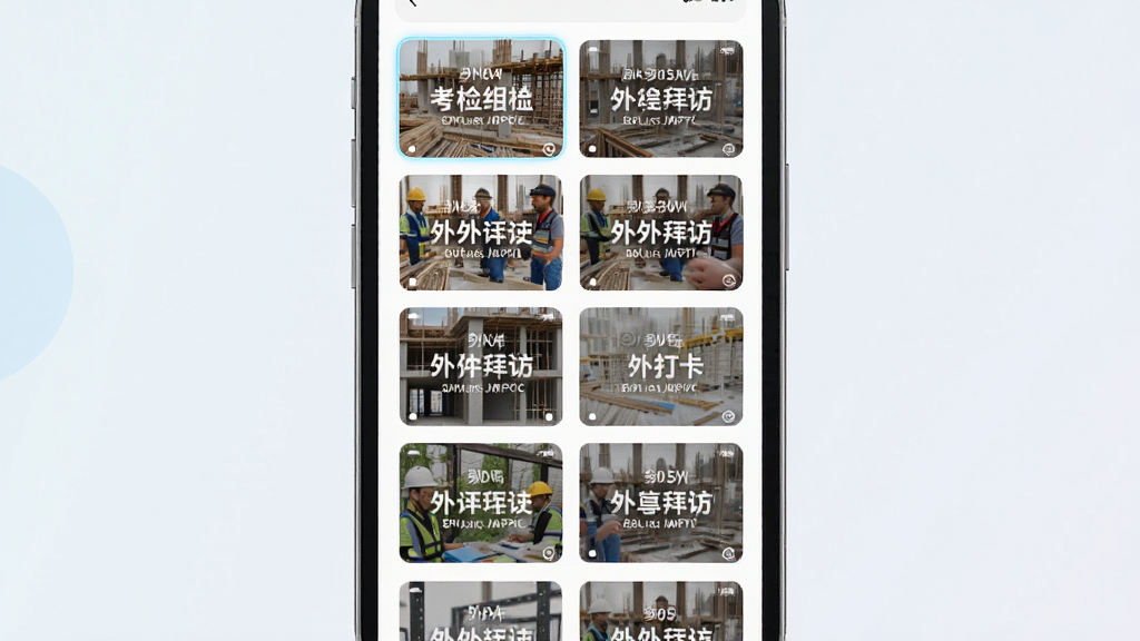 手机屏幕展示多张不同风格水印照片缩略图排列,包含工地巡检考勤打卡外勤拜访等场景,布局为网格状缩略图展示,风格为简洁应用功能展示图,细节包括每张缩略图水印信息清晰可辨界面配色柔和,画质高清干净无多余元素