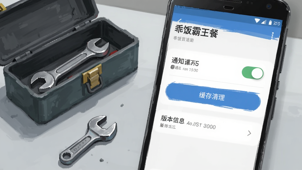 一部安卓手机屏幕特写,屏幕上显示“乖饭霸王餐”应用的设置页面,页面上有通知开关、缓存清理按钮和版本信息,手机旁边放着一个打开的工具箱和一把小扳手,整体采用写实与插画结合的风格,背景为浅灰色工作台面,布局简洁,细节清晰,画质干净,无多余装饰