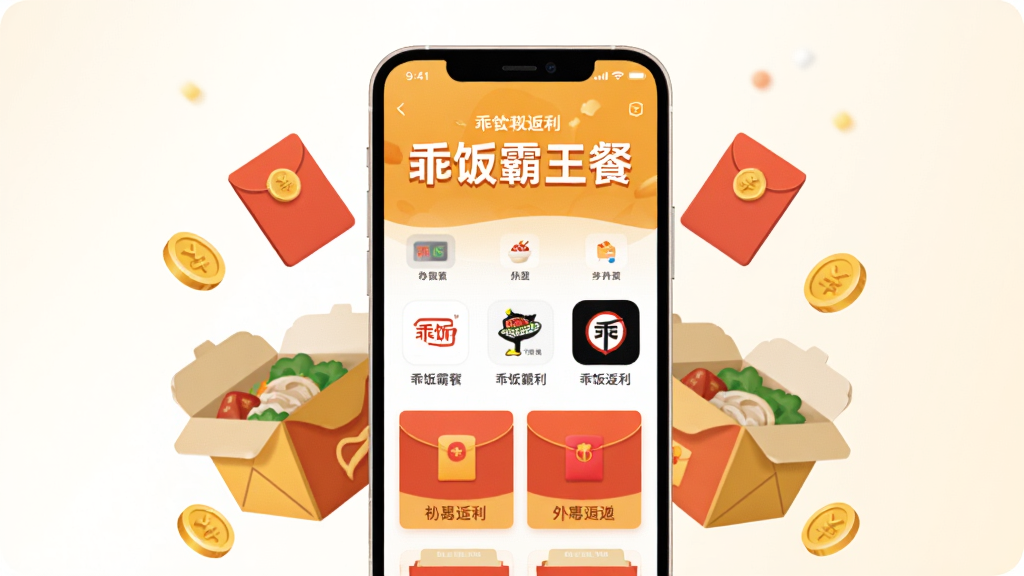 画面中央是一部竖屏智能手机,手机屏幕上显示外卖优惠返利应用的首页界面,界面上方有“乖饭霸王餐”五个中文字,下方排列着多个外卖平台图标和红包优惠卡片,手机周围环绕着外卖餐盒、红包、金币等立体小元素,整体采用扁平化插画风格,配色以橙黄色和白色为主,背景为干净的浅色渐变,画面布局居中对称,细节清晰,画质干净锐利,无多余装饰元素