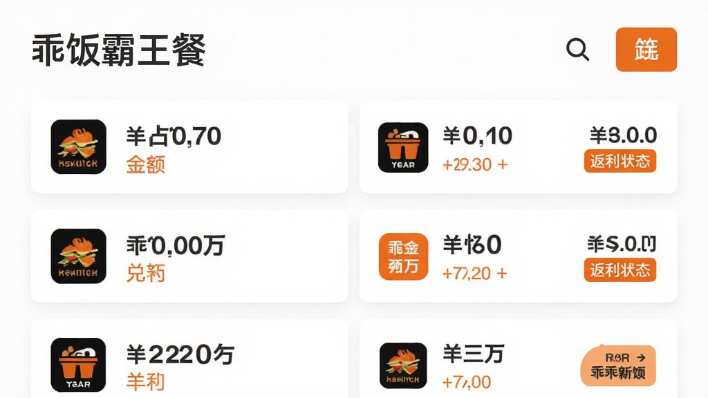 画面展示一个简洁的订单列表界面,标题为“乖饭霸王餐”,列表中排列着多条订单记录卡片,每张卡片上有外卖平台图标、金额数字和返利状态标签,界面右侧有放大镜图标和筛选按钮,整体采用现代扁平化UI风格,配色以白色背景搭配橙色高亮,布局整齐有序,细节精致,画质干净,无多余元素