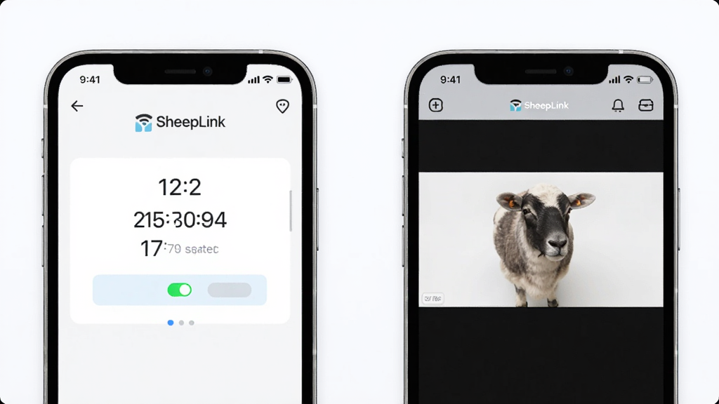 一张展示 SheepLink 远程协助功能的场景图,画面主体为两部手机屏幕并排展示,左侧手机显示协助请求界面,右侧手机显示正在共享的屏幕画面,布局为左右并列排版,风格为清爽浅色系UI风格,细节包括配对码数字、连接状态指示灯和 SheepLink 标识,画质细腻干净,背景为柔和白色