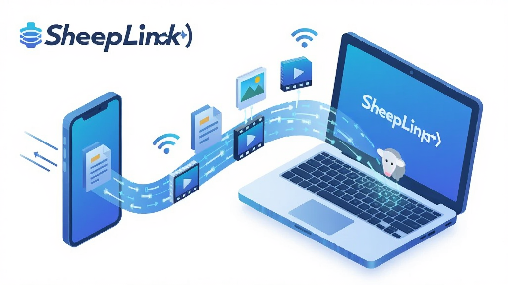 一张表现 SheepLink 跨设备传输功能的创意图,画面主体为一部手机和一台上网本之间由发光的数据流线条连接,线条上漂浮着文档、图片、视频等文件图标,布局为对角线构图增强动感,排版突出传输速度感,风格为科技蓝渐变扁平插画,细节包括速度线、信号标识和 SheepLink 软件名称文字,画质高清,背景纯净无杂乱元素