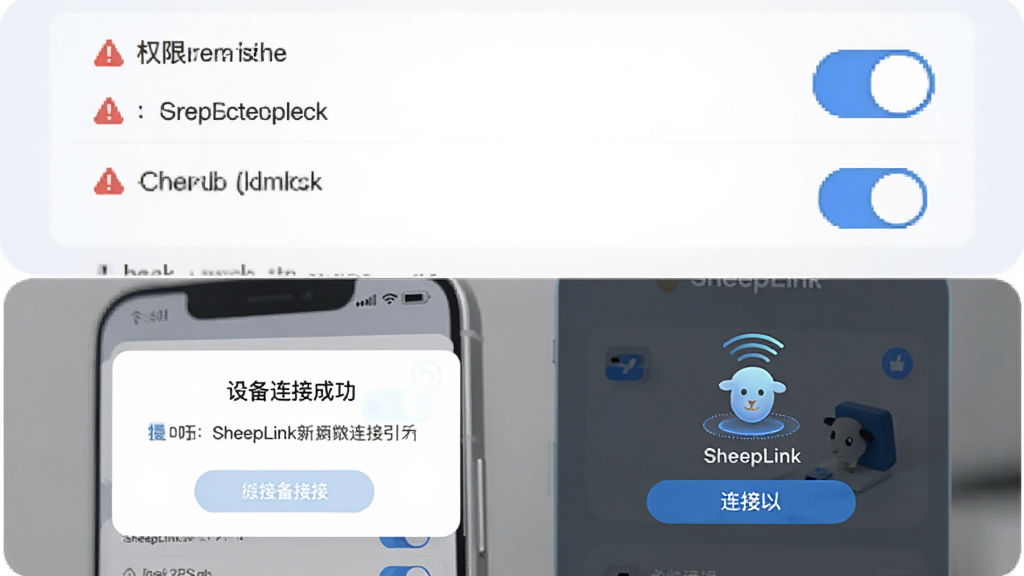 一张 SheepLink 新手操作指引示意图,画面主体为手机屏幕展示权限设置页面和软件连接成功界面,布局为上下分层排版,上层为权限开关列表,下层为设备连接成功提示卡片,风格为清新浅色教程风,细节包括红色警示图标、蓝色权限开关和 SheepLink 连接动画,画质清晰,背景简洁