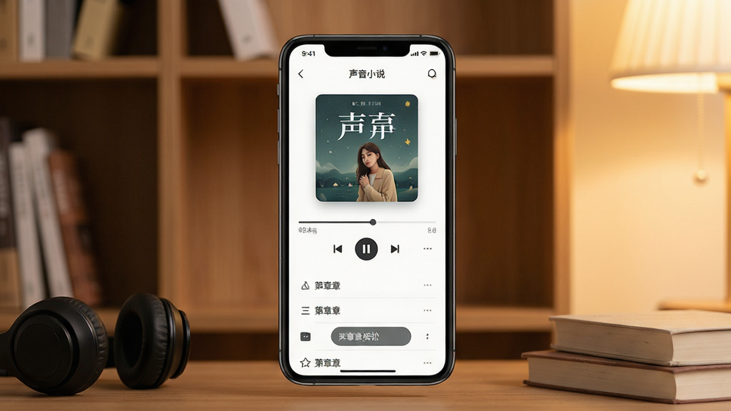 画面主体为一款手机应用界面展示,居中放置手机模型,屏幕内呈现有声小说播放页面,包含封面图、播放进度条与章节列表;背景采用暖色调木质书架与柔和灯光,布局为手机居中、左右两侧点缀耳机与书本元素;风格为现代简约产品展示风,细节上突出界面按钮与文字排版,画质清晰干净,无多余元素