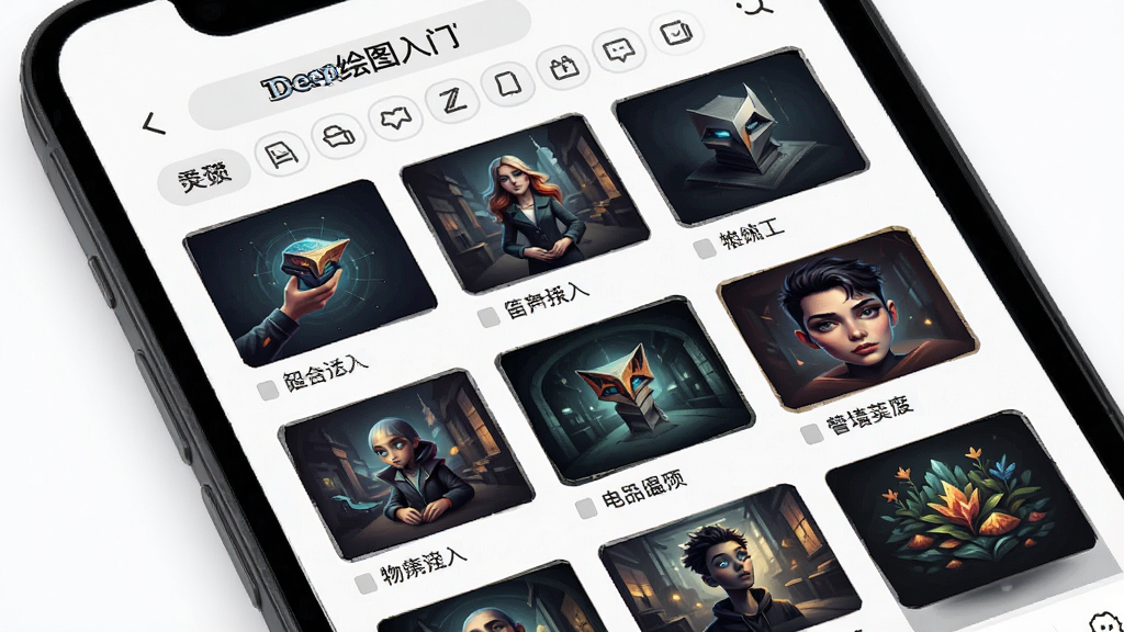 一张「Deep绘图入门」作品案例库页面展示图,手机界面中呈现网格状排列的多张AI绘图示例缩略图,每张缩略图下方标注简短主题文字,页面顶部有筛选标签栏,整体布局疏密有致,风格现代简约,背景为白色,画质清晰无杂乱元素