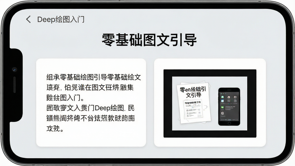 一张展示「Deep绘图入门」软件内图文教程页面的图片,画面主体为手机界面,页面中上方是标题「零基础图文引导」,下方左右分栏展示同一主题的文字说明与对应示例图,左侧为简短文字段落,右侧为示意图,整体排版整齐,风格清爽,浅灰底色搭配白色卡片,画质干净清晰