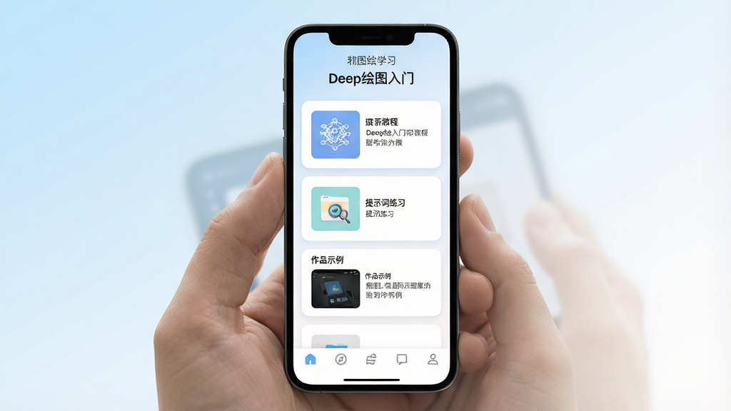 一张手机屏幕展示AI绘图学习软件界面的场景图,画面中央是「Deep绘图入门」软件首页,界面采用浅色卡片式布局,上方为软件名称标题栏,中部排列着图文教程、提示词练习、作品示例等模块入口,下方有底部导航栏,整体风格清新简洁,背景为柔和渐变浅蓝到白色,画质清晰干净,无多余元素