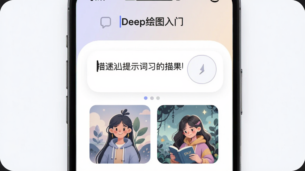 一张表现「Deep绘图入门」提示词练习功能的界面图,手机屏幕中显示输入框与生成结果预览,输入框内写有简短描述文字,下方并排展示两张风格不同的示例缩略图,界面采用圆角卡片设计,配色柔和,整体干净整洁,画质清晰
