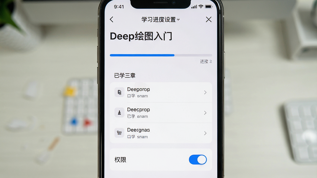 一张手机界面展示「Deep绘图入门」学习进度与设置页面的场景图,页面中显示进度条、已学章节列表和权限开关选项,界面风格简洁,浅色背景搭配蓝色强调色,布局清晰,画质干净,无多余装饰元素