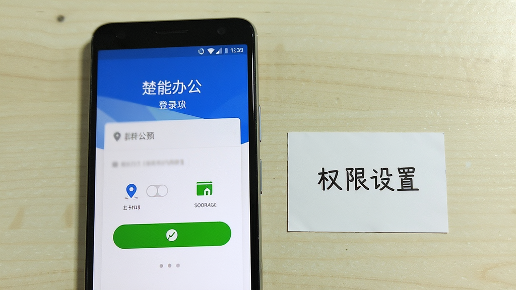 画面主体为一部安卓手机屏幕显示“楚能办公”登录页面,旁边放置一张写有“权限设置”字样的小卡片;布局为手机与卡片并排,背景为浅色桌面;排版简洁,重点突出权限开关示意;风格为实用教程风;细节包含定位图标、存储图标、绿色允许按钮;画质清晰,画面干净