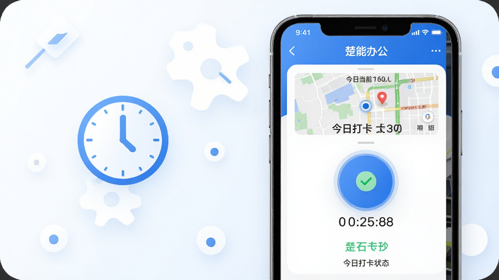 画面主体为“楚能办公”考勤打卡页面,手机屏幕显示圆形打卡按钮、当前定位地图缩略图与今日打卡状态;布局为手机置于画面中央偏右,左侧搭配一个简约时钟图标;排版简洁,打卡按钮醒目;风格为清爽蓝白配色;细节包含定位小圆点、时间数字、打卡成功绿色对勾;画质高清,画面干净