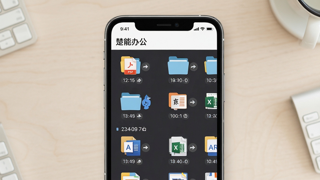 画面主体为“楚能办公”云盘文件列表界面,屏幕上展示多个文件夹与文档图标,部分文件带有共享标识;布局为手机竖屏居中,背景为浅色办公桌面;排版整齐,文件按时间排列;风格为简约扁平风;细节包含PDF、Word、Excel小图标,共享小箭头标识;画质清晰,画面干净,无多余元素