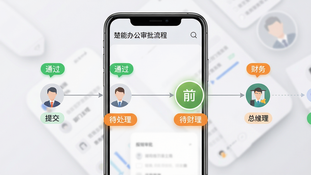 画面主体为“楚能办公”审批流程界面特写,展示一条报销审批单从提交到部门主管、财务、总经理的多级节点状态;布局为手机屏幕居中,背景为浅灰渐变;排版上流程节点横向排列,当前节点高亮;风格为扁平化商务风;细节包含绿色通过标识、橙色待处理标识、头像小图标;画质清晰,画面干净,无杂乱元素