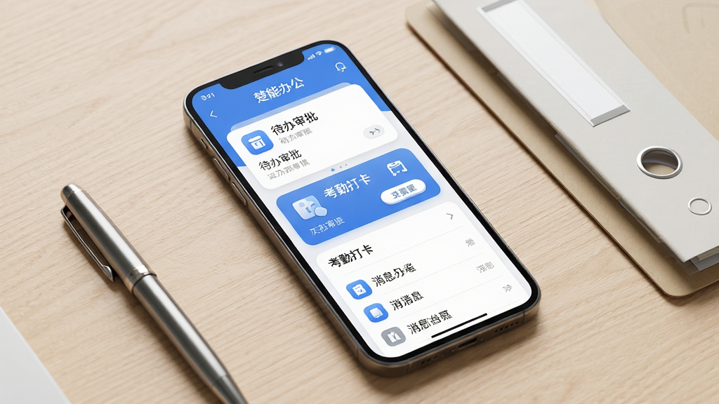 画面主体为一部竖屏智能手机,屏幕中展示“楚能办公”APP的主界面,包含待办审批卡片、考勤打卡入口与消息列表;布局采用居中构图,手机略微倾斜放置于浅色木质桌面,旁边搭配一支笔和一个简约文件夹;排版清晰,界面元素层次分明;风格为现代商务简约风,色调以蓝白灰为主;细节上突出图标圆润、文字清晰、按钮有轻微立体感;画质高清,画面干净,无多余装饰元素