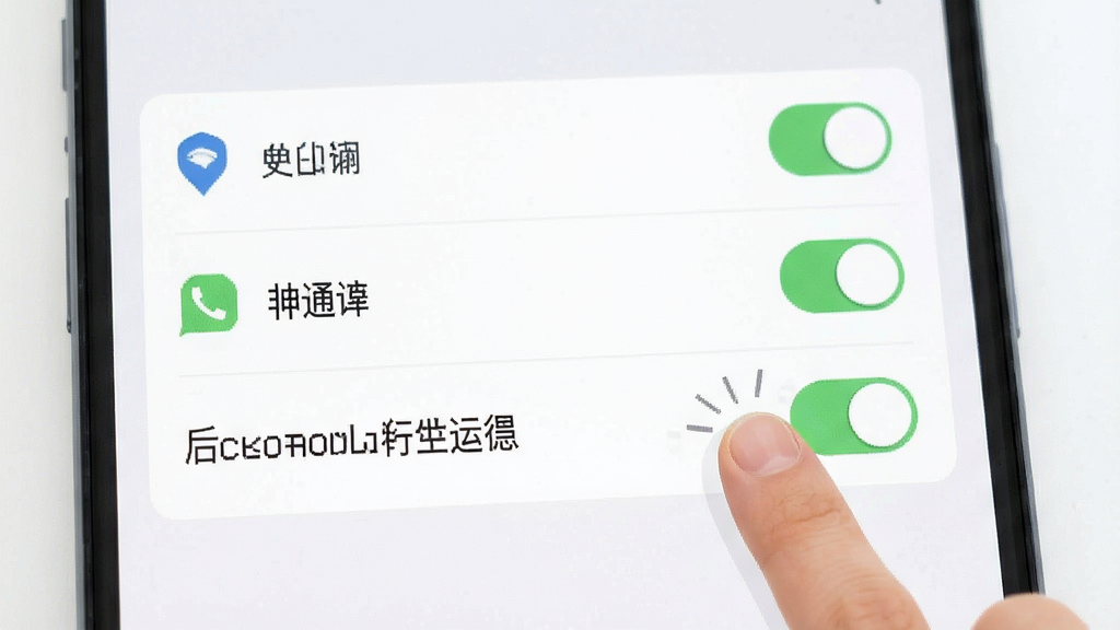 一张展示手机应用权限设置界面的示意图,屏幕中列出定位、通知、后台运行等权限开关,旁边有手指点击动作,背景为浅色设置页面,风格简洁扁平,布局清晰,细节干净,画质清晰,无多余元素